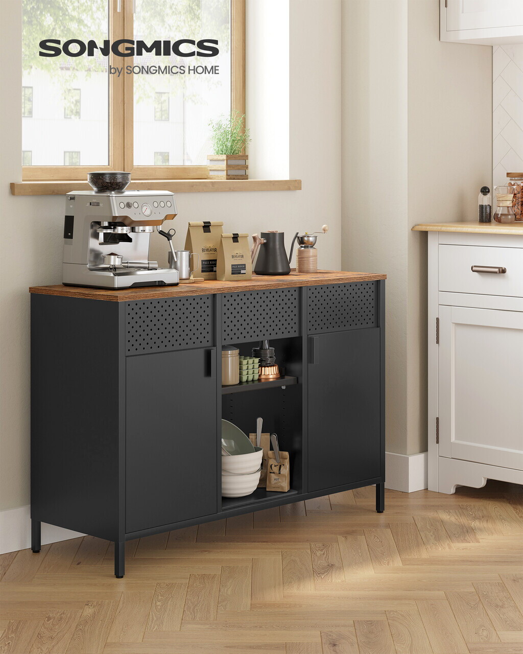 Dulap metalic multifunctional cu 2 usi, Songmics, rafturi reglabile, 110x40x76 cm, otel, maro/negru - imagine 7